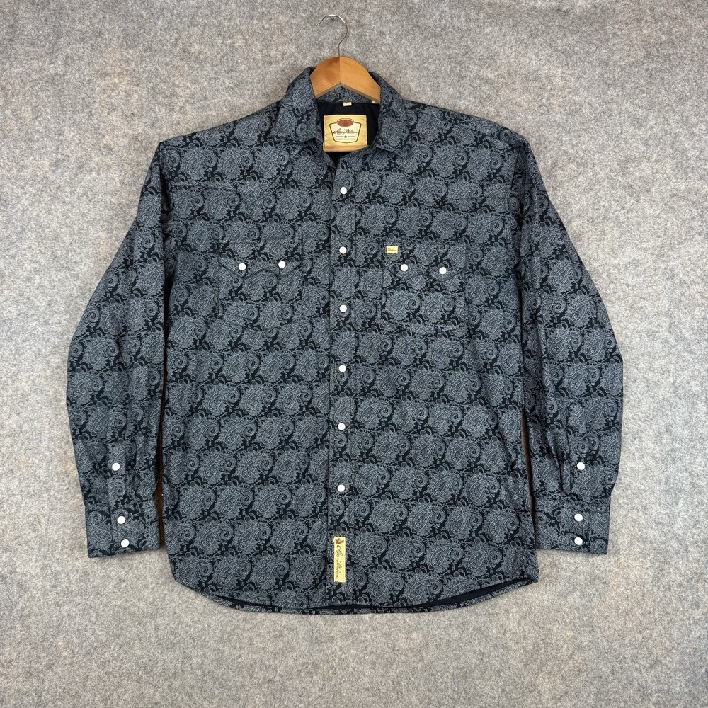 Larry Mahan Western Shirt Mens Large Black Paisley Print Pearl Snap Rodeo Cowboy